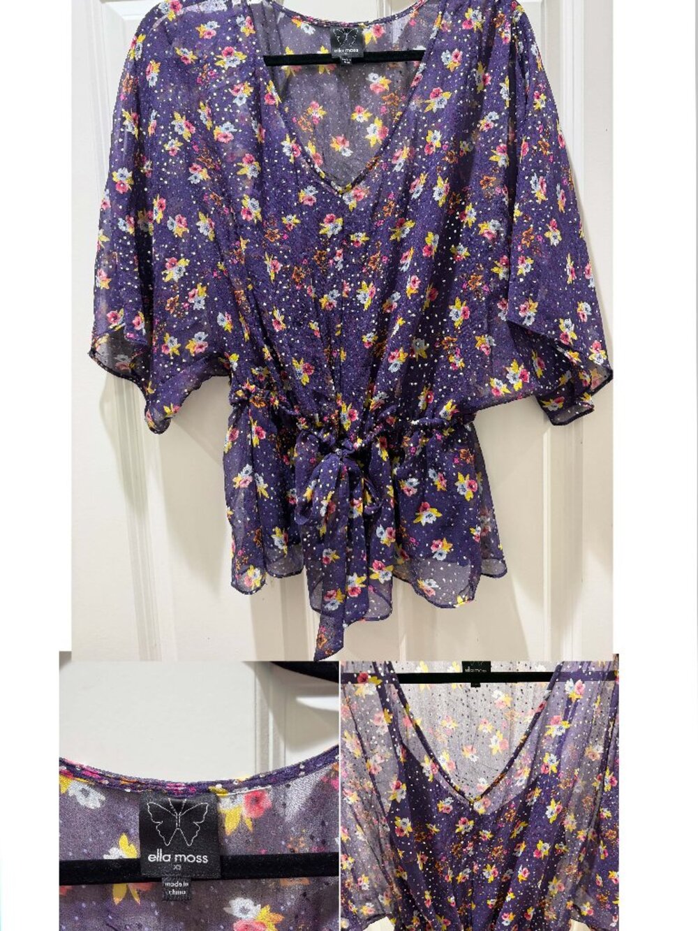 💜 Ella Moss Sparkle Butterfly Sleeve Floral Dress Sheer Lined Tunic Size XS